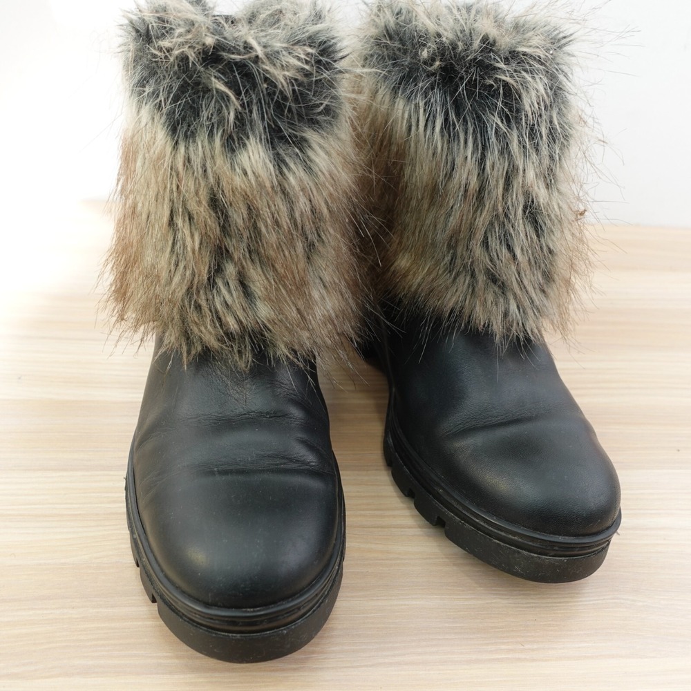 Shearling Fur Boots Womens 9.5 Black Leather Chunky Lug Sole Winter Grunge Cozy